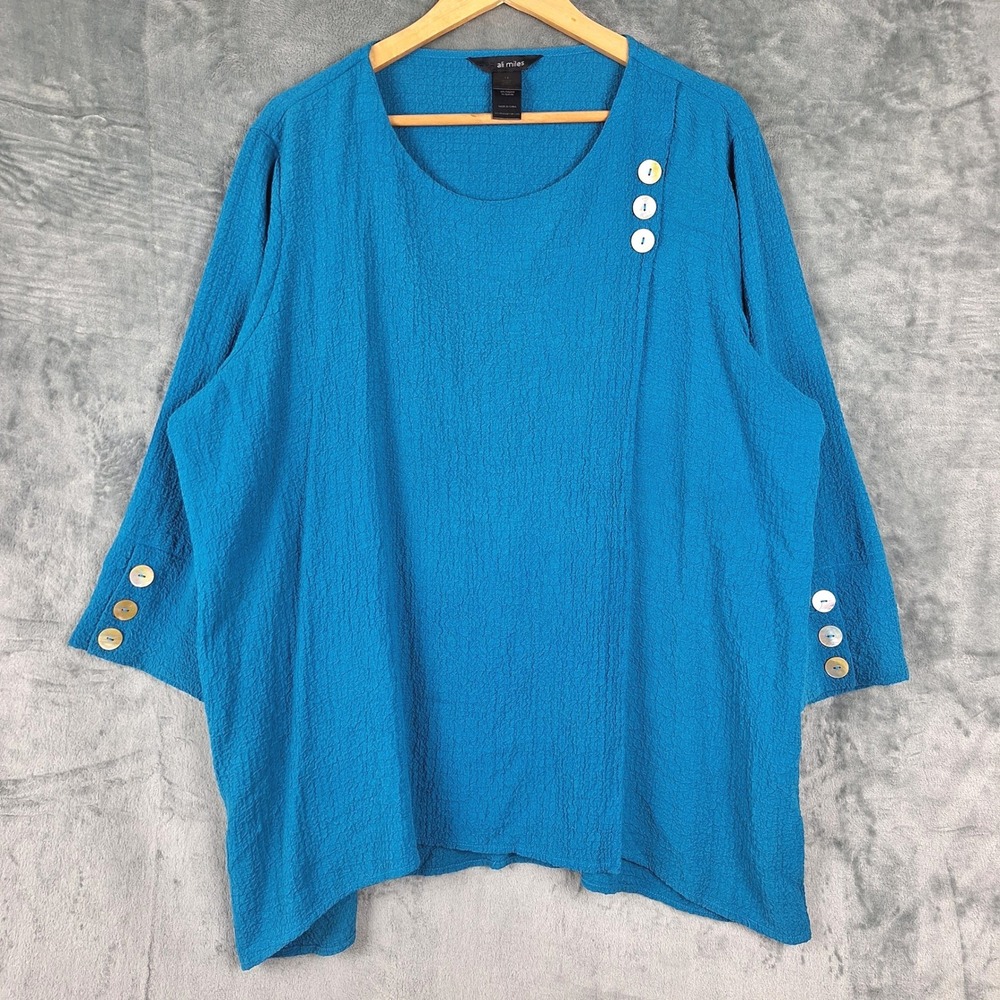Ali Miles Top 1X Blue Artsy Lagenlook Crepe Relaxed Boho Casual Minimalist Tunic